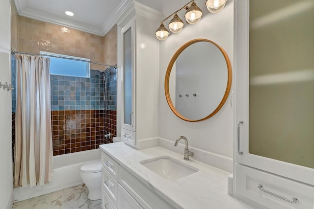 full bath with toilet, vanity, marble finish floor, ornamental molding, and shower / tub combo with curtain