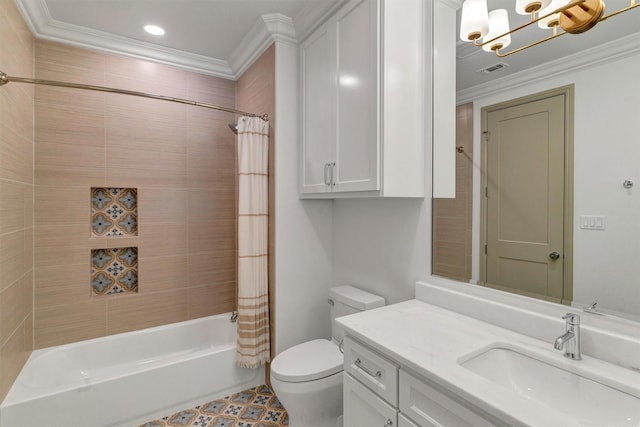 bathroom featuring shower / bath combination with curtain, visible vents, crown molding, and toilet