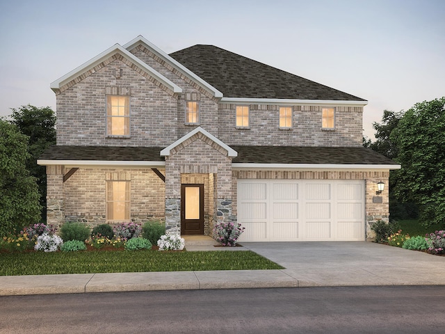 view of front of property featuring a garage, a shingled roof, concrete driveway, and brick siding