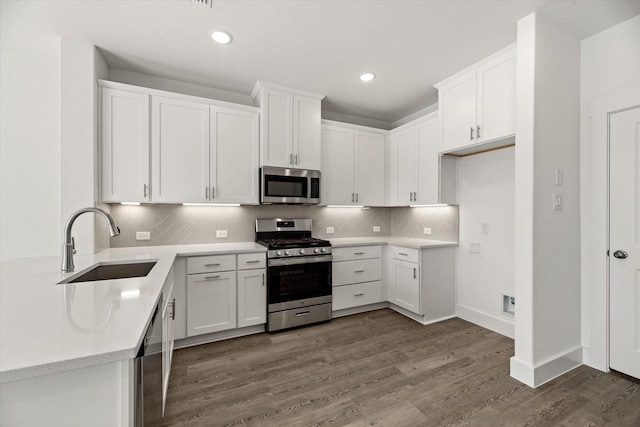 kitchen with wood finished floors, a sink, light countertops, appliances with stainless steel finishes, and backsplash