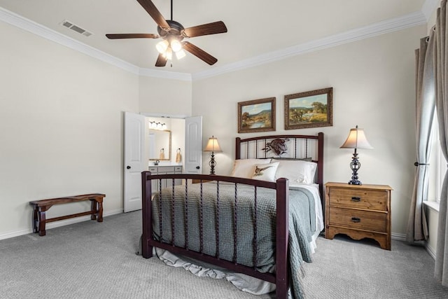 bedroom with baseboards, visible vents, carpet flooring, and ornamental molding