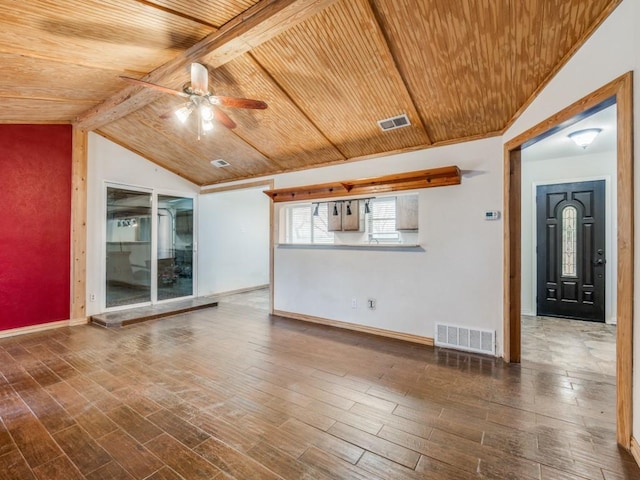 unfurnished living room featuring wood ceiling, wood finished floors, and visible vents