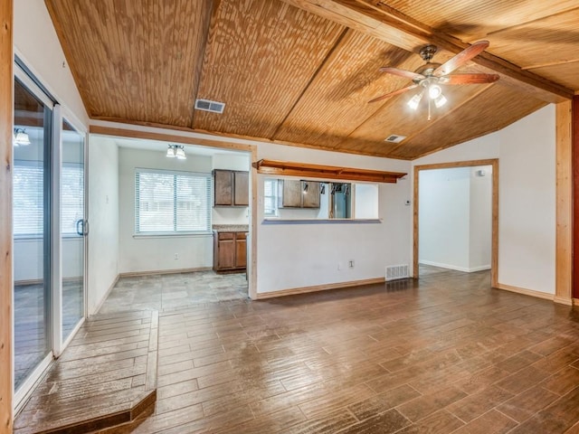 unfurnished living room with wood ceiling, visible vents, dark wood finished floors, and baseboards