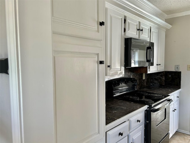 kitchen featuring backsplash, ornamental molding, white cabinets, a textured ceiling, and black appliances