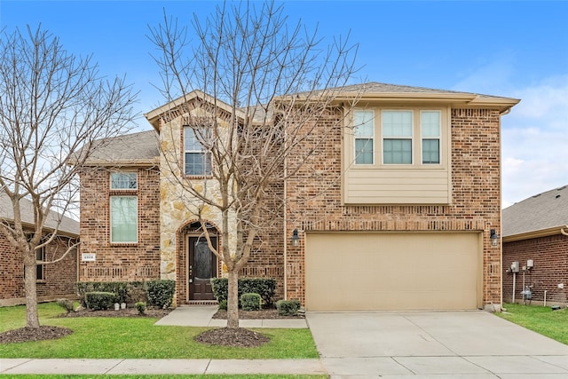 view of front of home featuring a garage, concrete driveway, brick siding, and stone siding