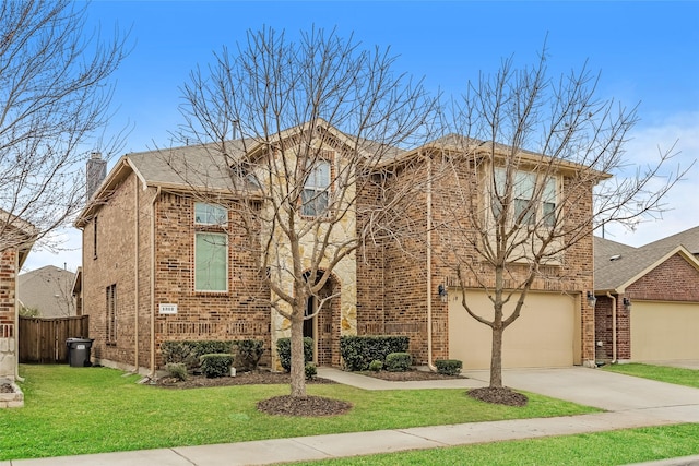 traditional-style house featuring concrete driveway, a chimney, fence, a front lawn, and brick siding