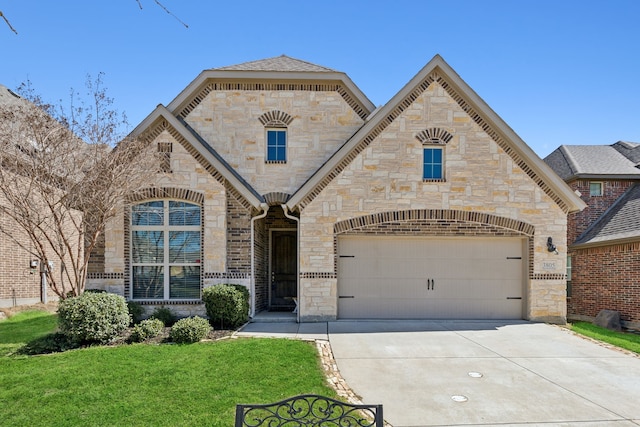 french country inspired facade featuring brick siding, an attached garage, a front yard, stone siding, and driveway