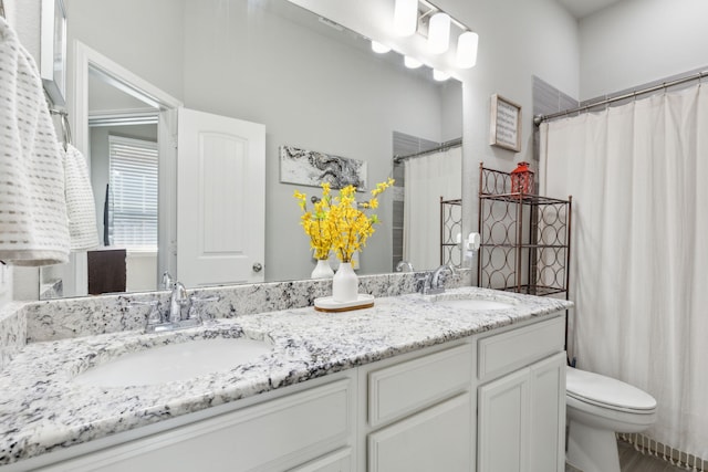 full bathroom featuring a sink, toilet, and double vanity