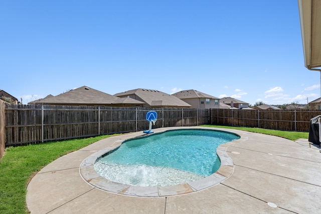 view of swimming pool featuring a fenced backyard, a fenced in pool, and a patio