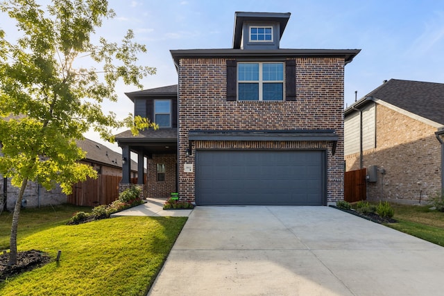 traditional-style home with brick siding, fence, driveway, and an attached garage