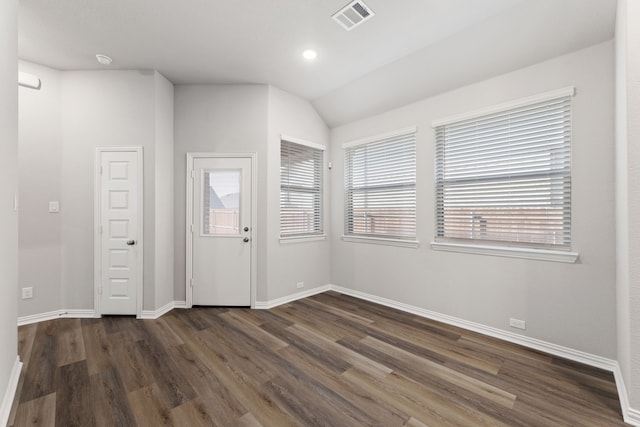 entrance foyer with lofted ceiling, recessed lighting, visible vents, dark wood-type flooring, and baseboards