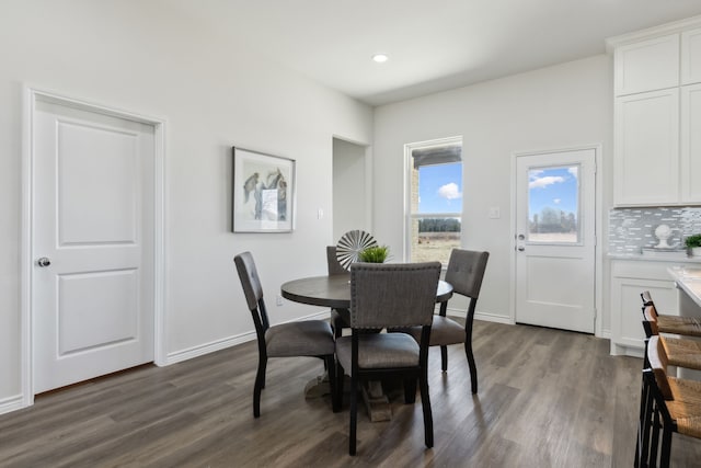 dining room featuring dark wood-style floors, recessed lighting, and baseboards