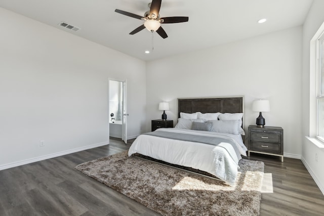 bedroom with recessed lighting, visible vents, baseboards, and wood finished floors