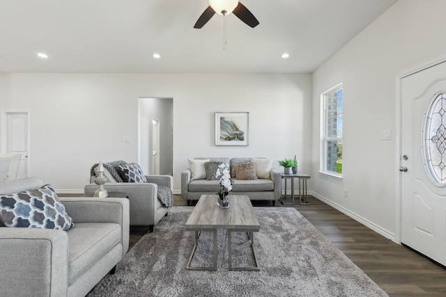 living room with a ceiling fan, baseboards, dark wood finished floors, and recessed lighting