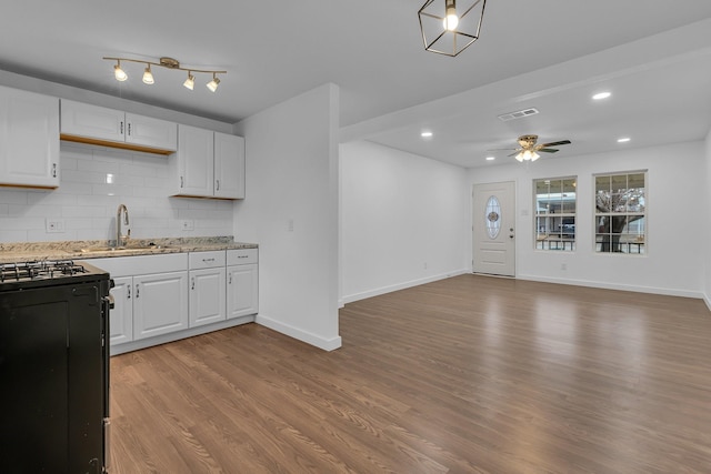 kitchen featuring wood finished floors, a sink, white cabinets, visible vents, and decorative backsplash