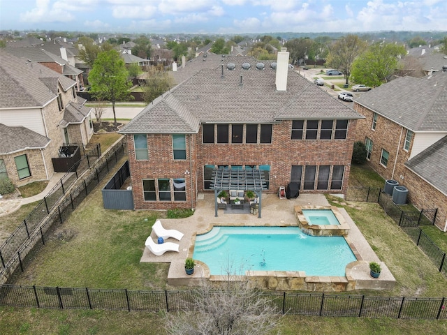 6502 Lakecrest Dr, Sachse, TX 75048 - view of pool featuring a patio, a pool with connected hot tub, cooling unit, an outdoor hangout area, and a residential view