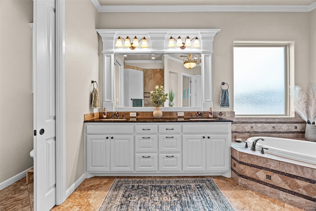 bathroom with crown molding, a sink, and double vanity