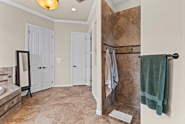 full bathroom with a garden tub, crown molding, visible vents, a walk in shower, and baseboards