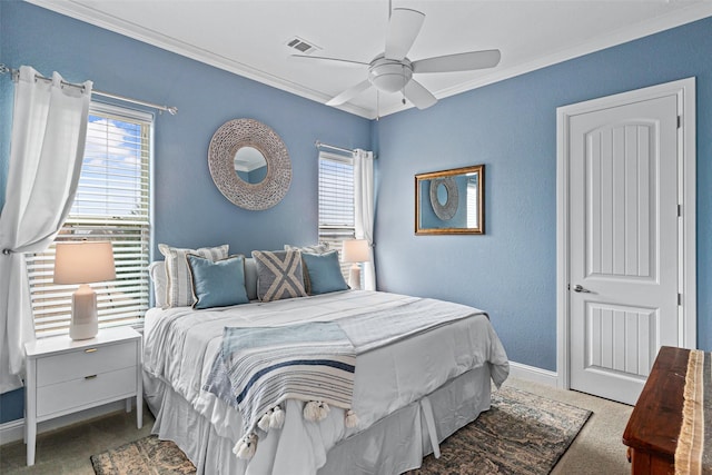 bedroom featuring carpet floors, visible vents, ornamental molding, a ceiling fan, and baseboards