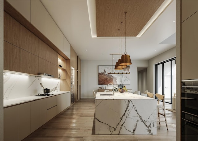 kitchen featuring light wood finished floors, tasteful backsplash, modern cabinets, a tray ceiling, and a sink