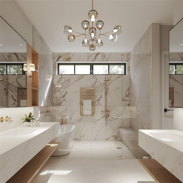 full bath featuring a sink, a marble finish shower, a wealth of natural light, and tile walls