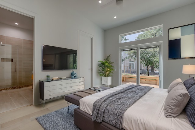 bedroom featuring ensuite bath, access to outside, light wood finished floors, and recessed lighting