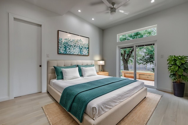 bedroom featuring access to exterior, recessed lighting, light wood-style floors, and a ceiling fan