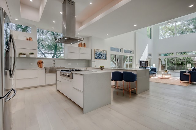 kitchen with stainless steel appliances, open shelves, island range hood, and modern cabinets