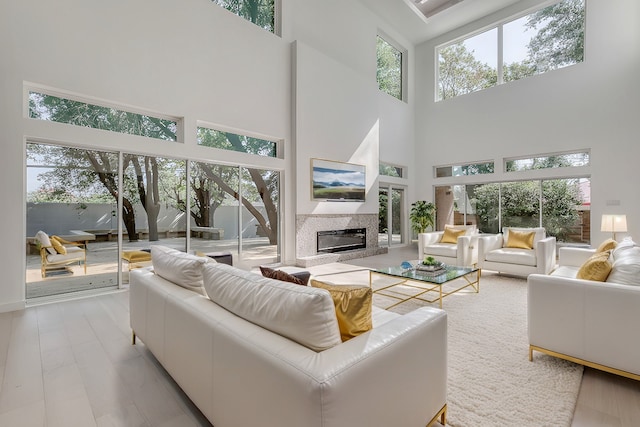 living room with wood finished floors and a high end fireplace