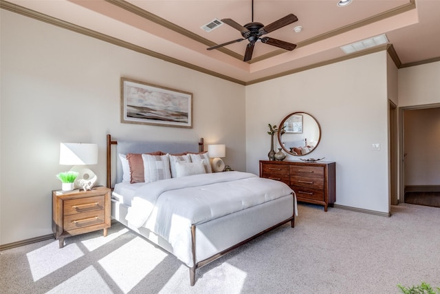 bedroom featuring light carpet, baseboards, visible vents, and crown molding