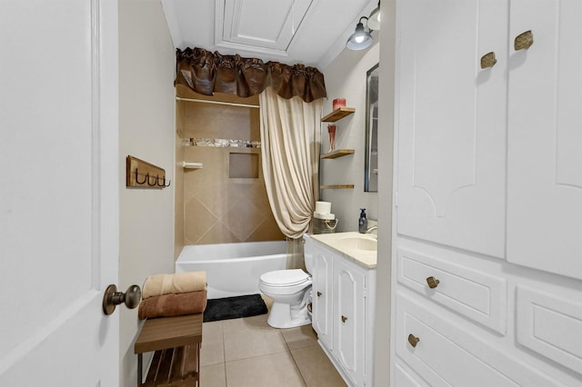 bathroom with vanity, shower / bath combo, tile patterned flooring, and toilet