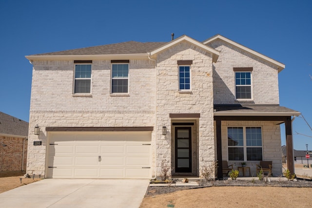 view of front of property with a garage, driveway, a shingled roof, stone siding, and brick siding