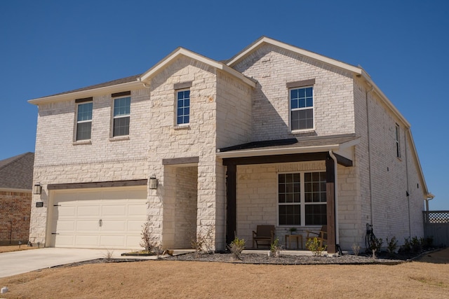 traditional-style house featuring covered porch, a garage, brick siding, concrete driveway, and stone siding