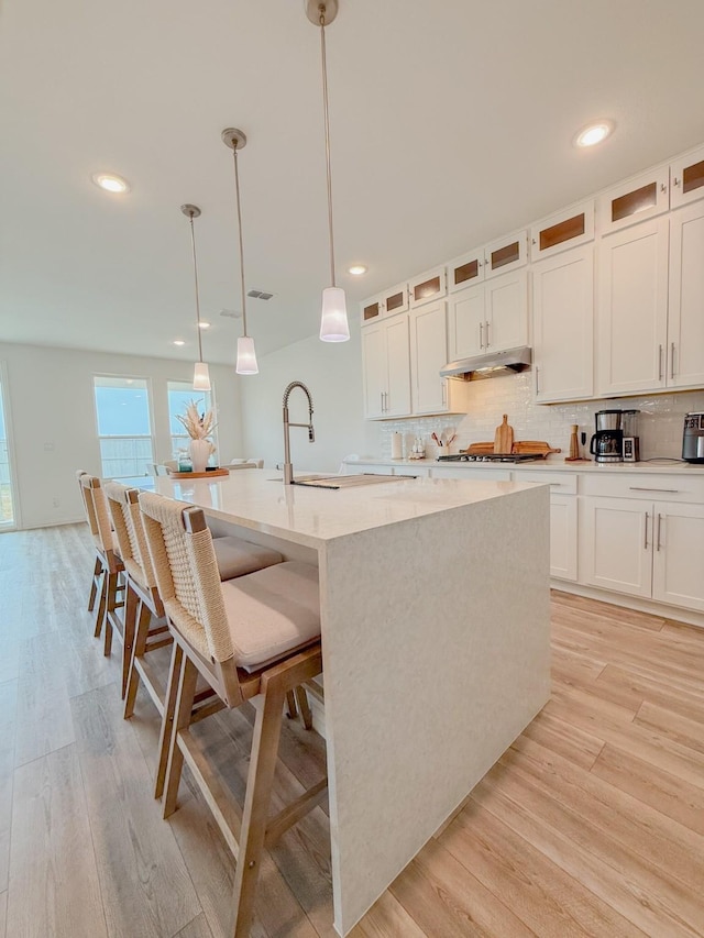 kitchen with tasteful backsplash, light wood-style floors, an island with sink, under cabinet range hood, and a sink