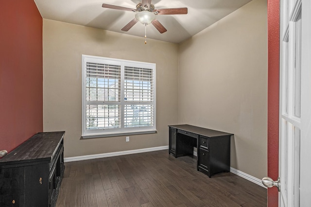 office with dark wood-style floors, baseboards, and ceiling fan