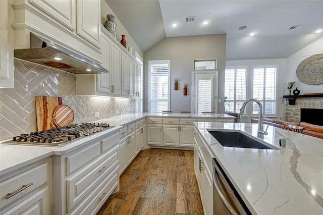 kitchen with lofted ceiling, visible vents, appliances with stainless steel finishes, a sink, and under cabinet range hood