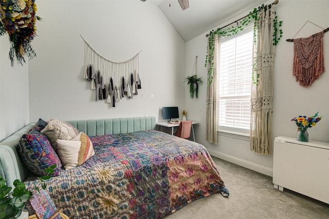 bedroom featuring lofted ceiling, radiator, carpet flooring, and baseboards