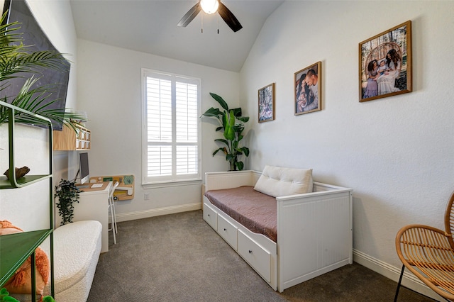 carpeted bedroom featuring baseboards, vaulted ceiling, and a ceiling fan