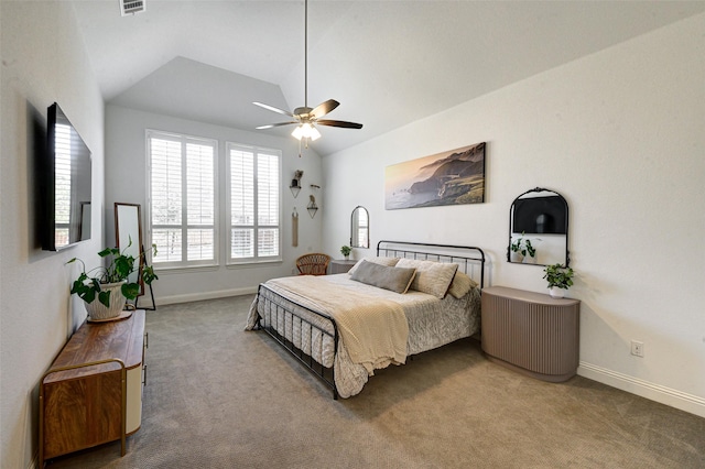 bedroom with visible vents, baseboards, lofted ceiling, ceiling fan, and carpet flooring