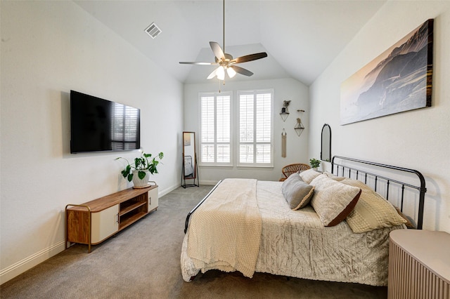 carpeted bedroom with lofted ceiling, ceiling fan, visible vents, and baseboards