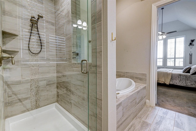 ensuite bathroom featuring a stall shower, a ceiling fan, lofted ceiling, ensuite bathroom, and a bath