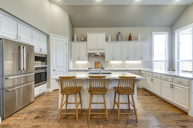 kitchen featuring lofted ceiling, a kitchen island with sink, stainless steel appliances, white cabinetry, and dark wood-style floors