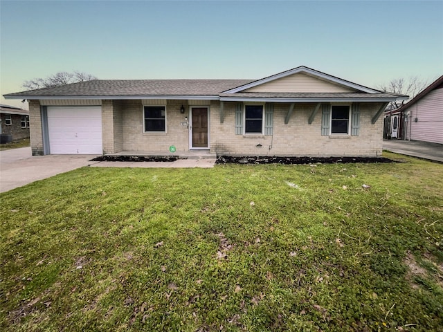 ranch-style house with brick siding, roof with shingles, concrete driveway, an attached garage, and a front lawn