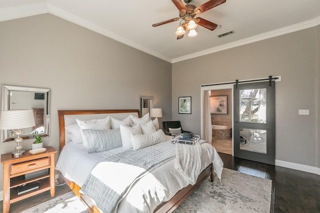 bedroom with visible vents, ornamental molding, a ceiling fan, wood finished floors, and baseboards