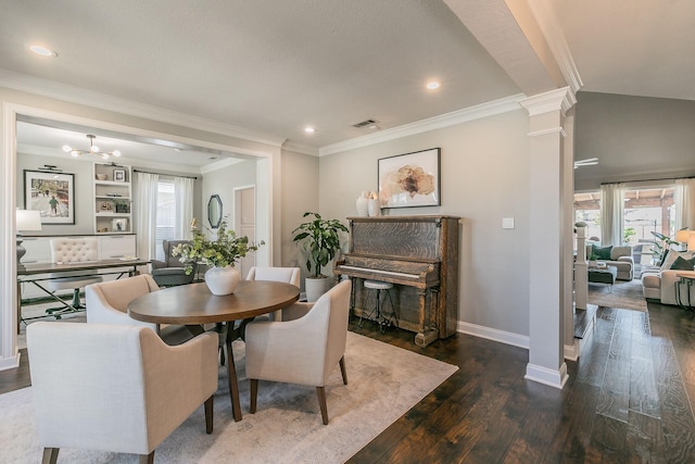 dining space featuring decorative columns, baseboards, hardwood / wood-style flooring, ornamental molding, and recessed lighting