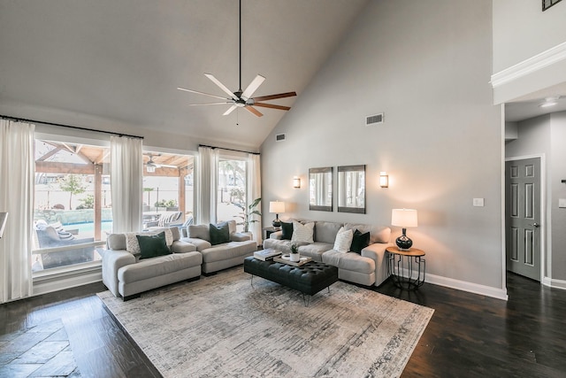 living room featuring high vaulted ceiling, baseboards, visible vents, and dark wood finished floors