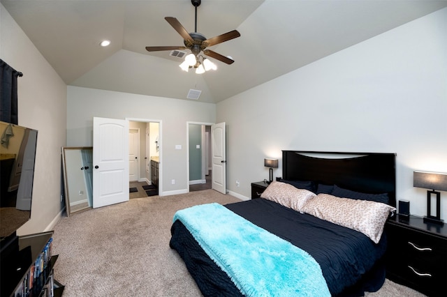 carpeted bedroom with visible vents, baseboards, a ceiling fan, lofted ceiling, and recessed lighting