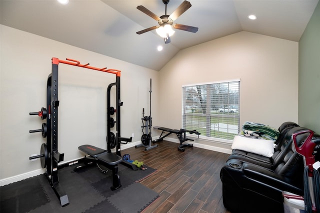 workout area with baseboards, lofted ceiling, ceiling fan, dark wood-type flooring, and recessed lighting