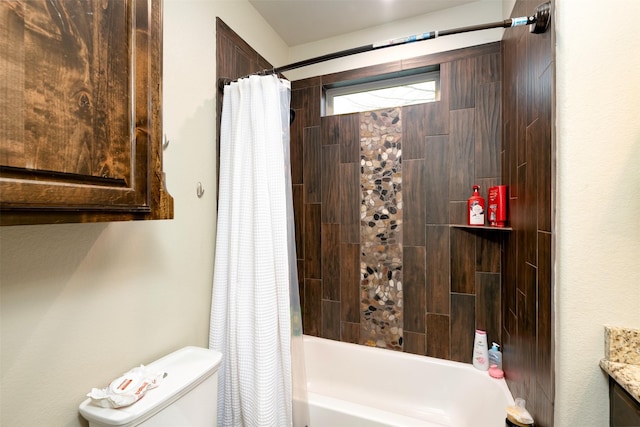 full bathroom featuring shower / bath combination with curtain, vanity, and toilet