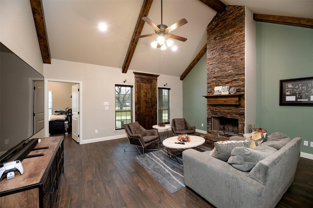 living room featuring beam ceiling, a fireplace, dark wood finished floors, and baseboards